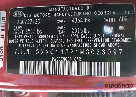 2021 Kia K5 Lxs из США, поврежденный, VIN 5XXG14J21MG023097